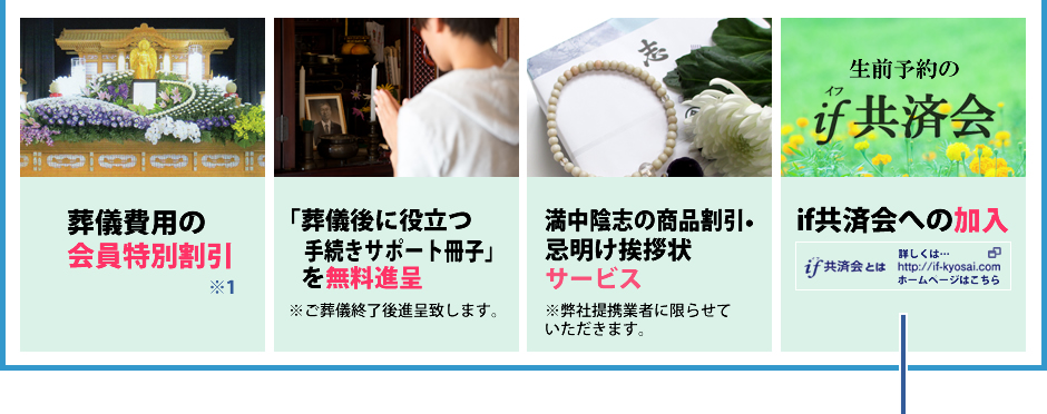 葬儀費用の会員特別割引・「葬儀後に役立つ手続きサポート冊子」を無料進呈・満中陰志の商品割引・忌明け挨拶状サービス・全葬連 if共済会への加入
